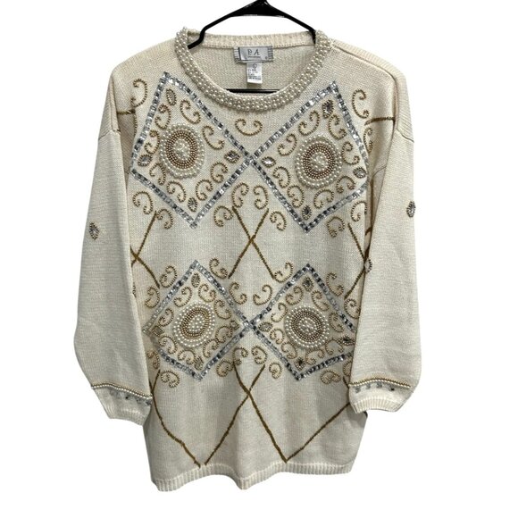 Vintage Cream Sweater Gold Beads Pearl Accents By P.A. International Sz Large - Picture 1 of 11